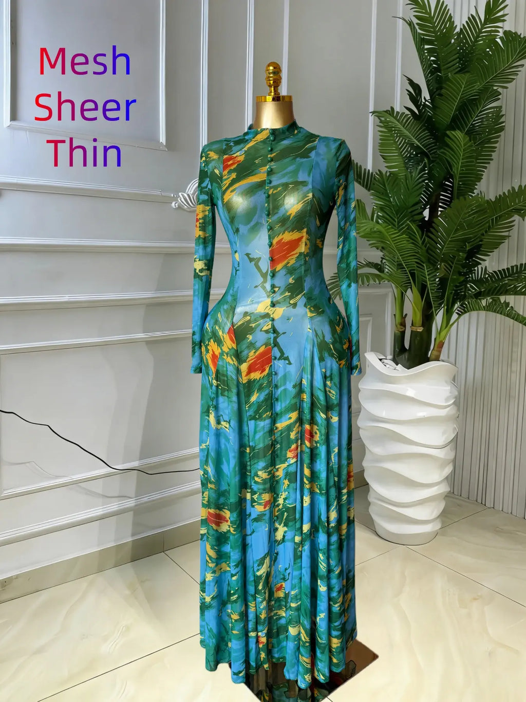 Women's Round-Neck Long Sleeve Woven Maxi Dress