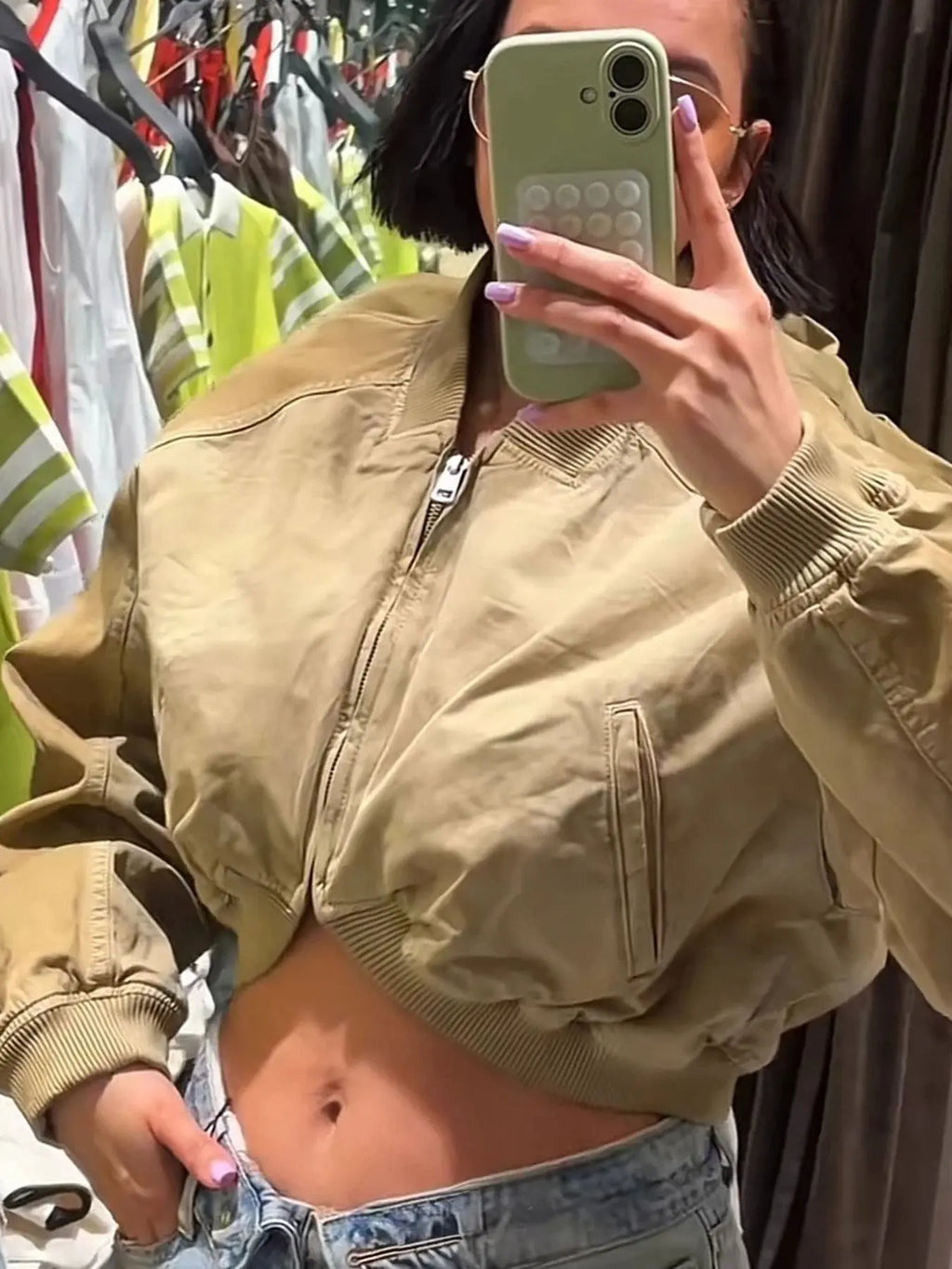 Women's Olive Green Loose Cropped Basic Bomber Jacket, Casual Zipper Coat