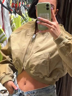 Women's Olive Green Loose Cropped Basic Bomber Jacket, Casual Zipper Coat