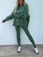 Women's Solid Drop Shoulder Split Hem Sweatshirt & Pants Two-piece Set