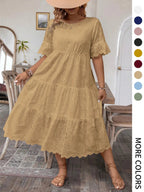 [Plus Size] Solid Eyelet Embroidery Dress, Boho-Style Round-Neck Dress for Vacation and Everyday Wear – Women's Summer Clothing