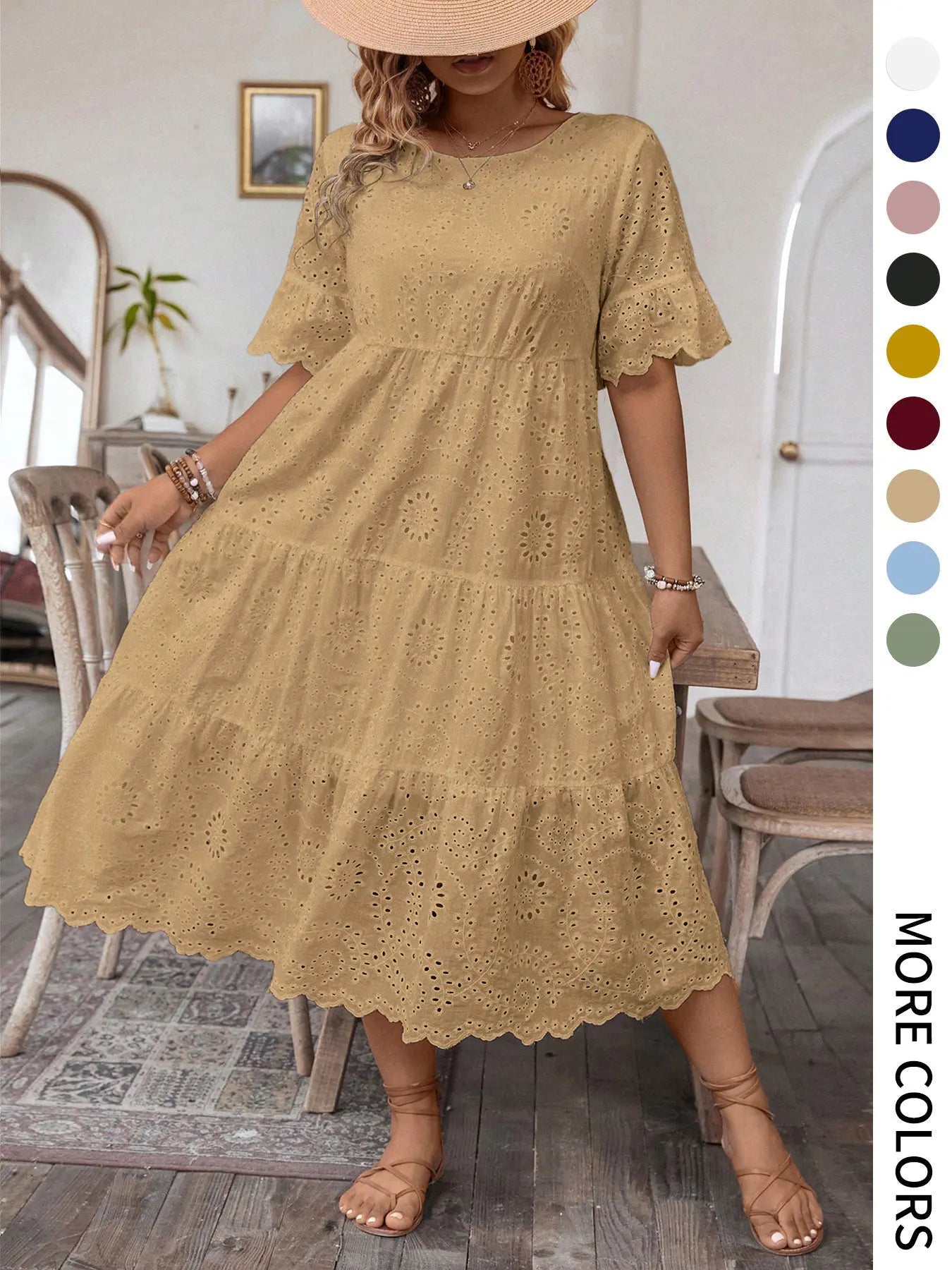[Plus Size] Solid Eyelet Embroidery Dress, Boho-Style Round-Neck Dress for Vacation and Everyday Wear – Women's Summer Clothing