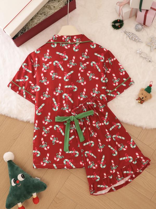2 pieces of ladies' Christmas cane candy printed short sleeved shorts sleepwear set with buttons, collars, bows, suitable for comfortable and casual home wear in all seasons