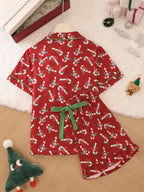 2 pieces of ladies' Christmas cane candy printed short sleeved shorts sleepwear set with buttons, collars, bows, suitable for comfortable and casual home wear in all seasons