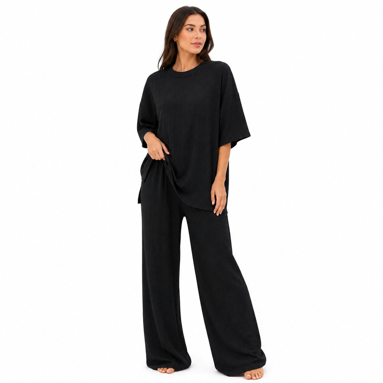 Ensemble Femme Chic Texturé – T-shirt & Pantalon Fluide