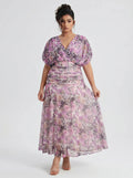 Curveins Plus Size V Neck Puff Sleeve Waist Defining Floral Print Elegant Maxi Dress