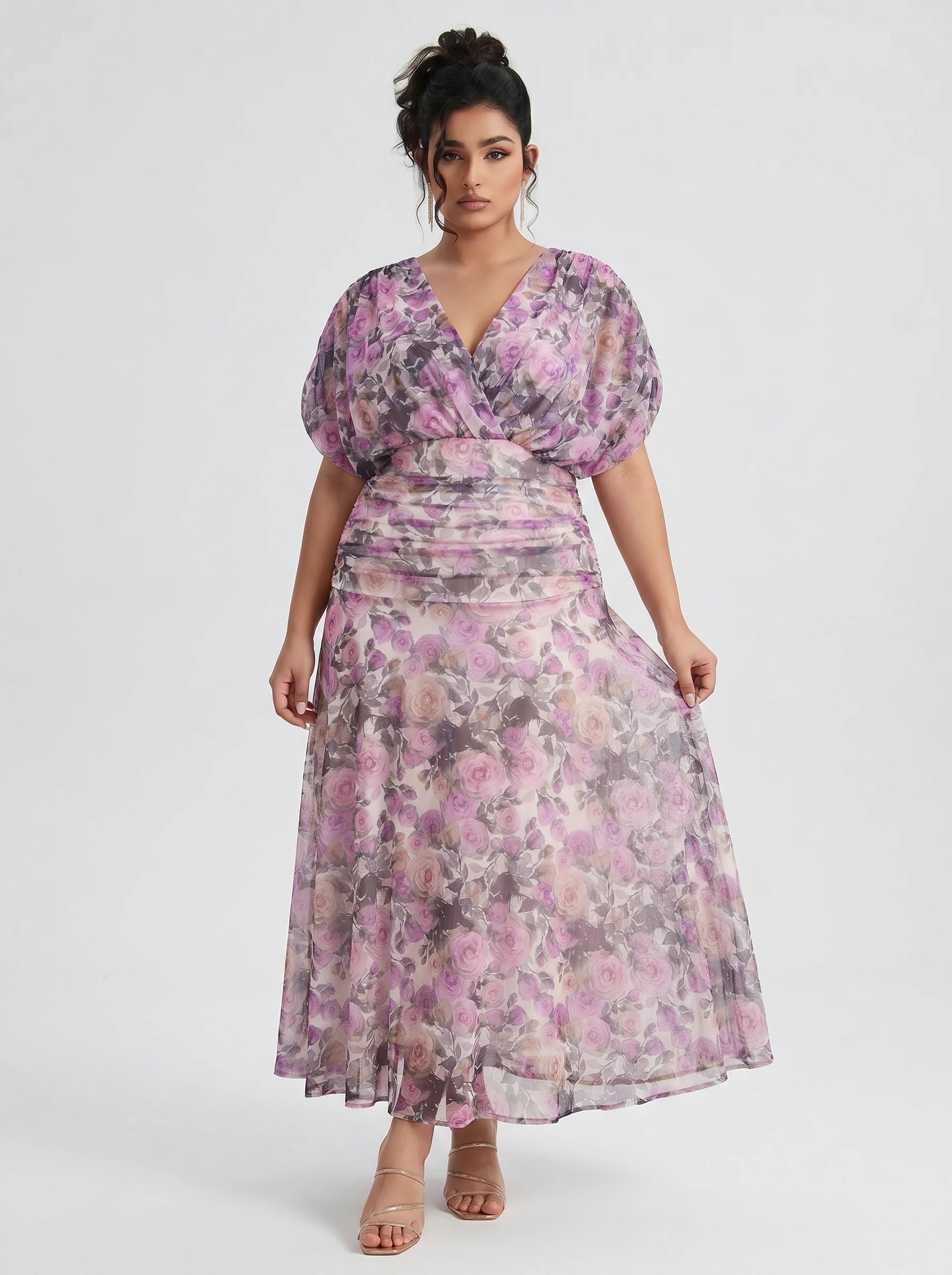 Curveins Plus Size V Neck Puff Sleeve Waist Defining Floral Print Elegant Maxi Dress
