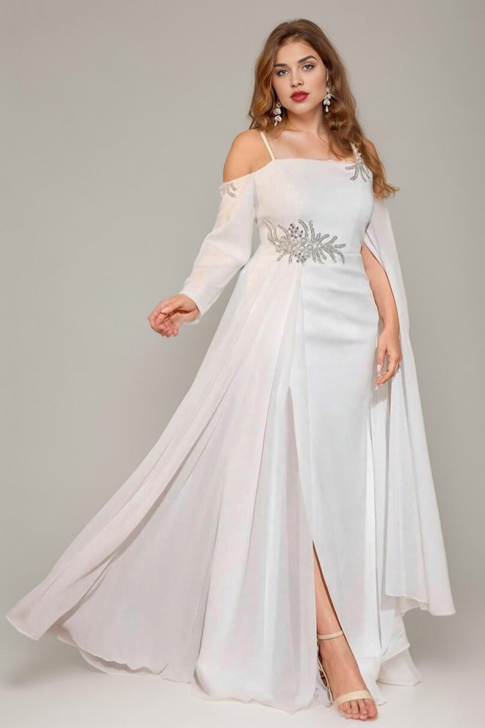Curveins Plus Size Long Sleeve Ruched Waist Elegant Flowing Maxi Dress
