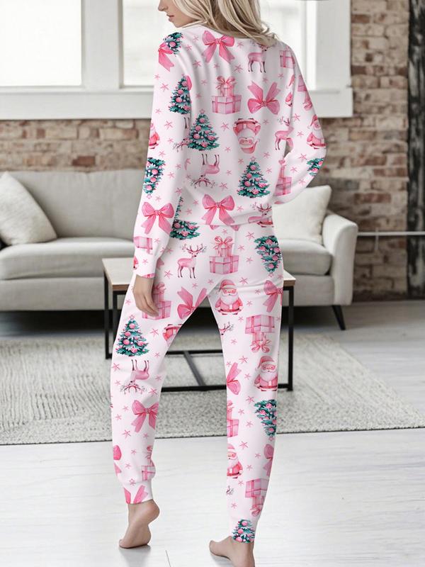 Women's Christmas Print Casual Set, Long Sleeve V Neck Top & Belted Pants, Ladies Homewear & Pajamas, Spring & Fall Fashion