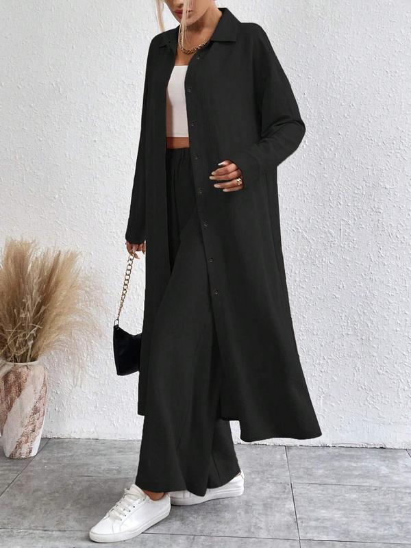 Women's Solid Button Front Shirt & Wide Leg Pants Two-piece Set, Casual Drop Shoulder Long Sleeve Top & Trousers Set, Women's Clothes for Daily Wear