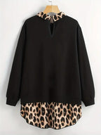 [Plus Size] Leopard Print Curved Hem Pullover Sweatshirt, Casual Long Sleeve Sweatshirt for Fall & Winter, Women's Clothing for Daily Wear