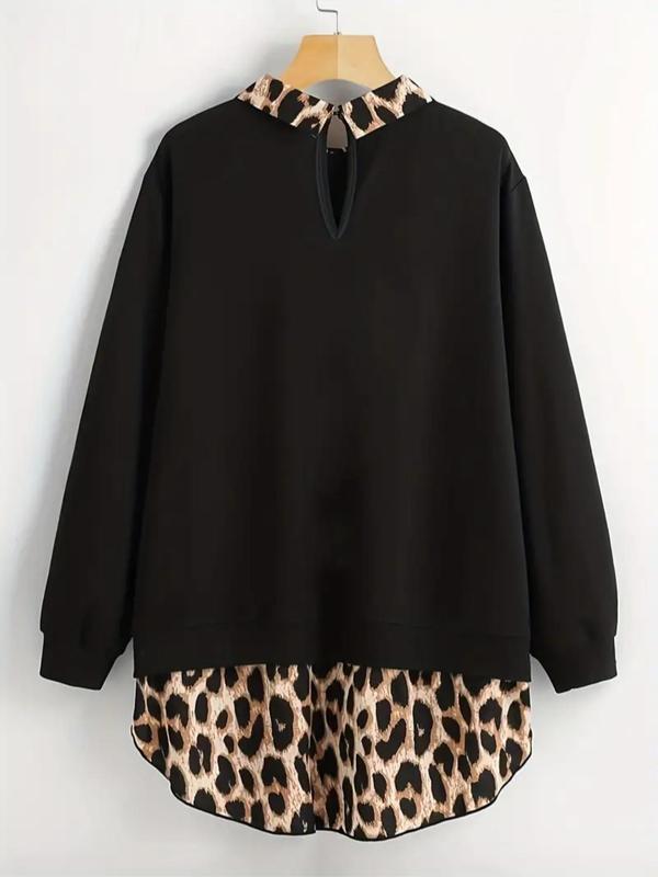 [Plus Size] Leopard Print Curved Hem Pullover Sweatshirt, Casual Long Sleeve Sweatshirt for Fall & Winter, Women's Clothing for Daily Wear