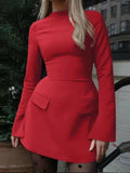 Women's Plain Split Flounce Sleeve Flap Detail A Line Dress, Elegant Long Sleeve Stand Collar Short Dress for Party Holiday Wedding Guest, Ladies Spring & Fall Clothes