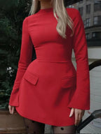 Women's Plain Split Flounce Sleeve Flap Detail A Line Dress, Elegant Long Sleeve Stand Collar Short Dress for Party Holiday Wedding Guest, Ladies Spring & Fall Clothes