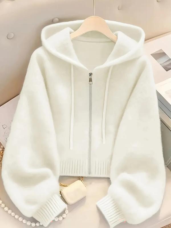 Long Sleeve Loose Knit Hoodie with Zipper Cardigan, Soft Comfortable Unique Design for Autumn & Winter Stylish Tops, Womenswear