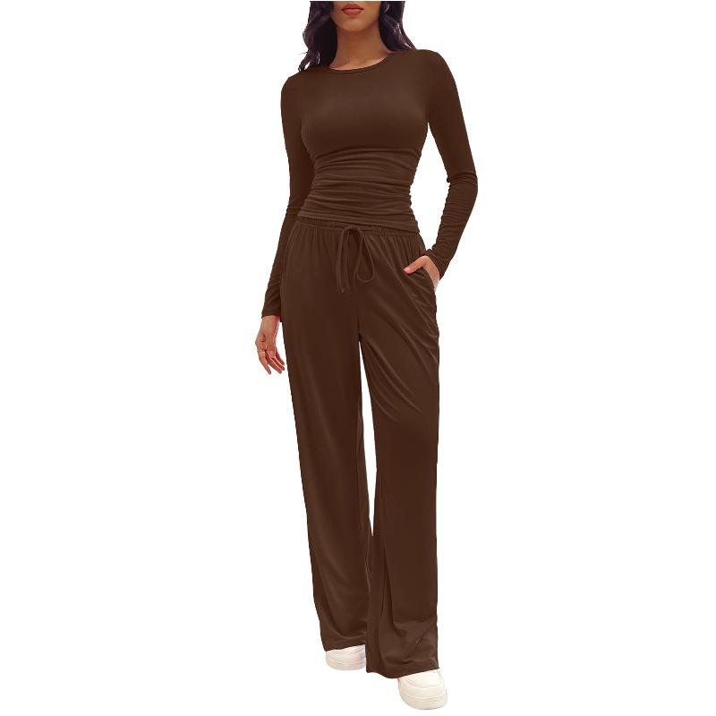 Women's Solid Ruched Drawstring Loungewear Set, Casual Long Sleeve Round Neck Top & Pocket Wide Leg Trousers, Ladies Sleepwear for All Seasons