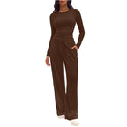 Women's Solid Ruched Drawstring Loungewear Set, Casual Long Sleeve Round Neck Top & Pocket Wide Leg Trousers, Ladies Sleepwear for All Seasons
