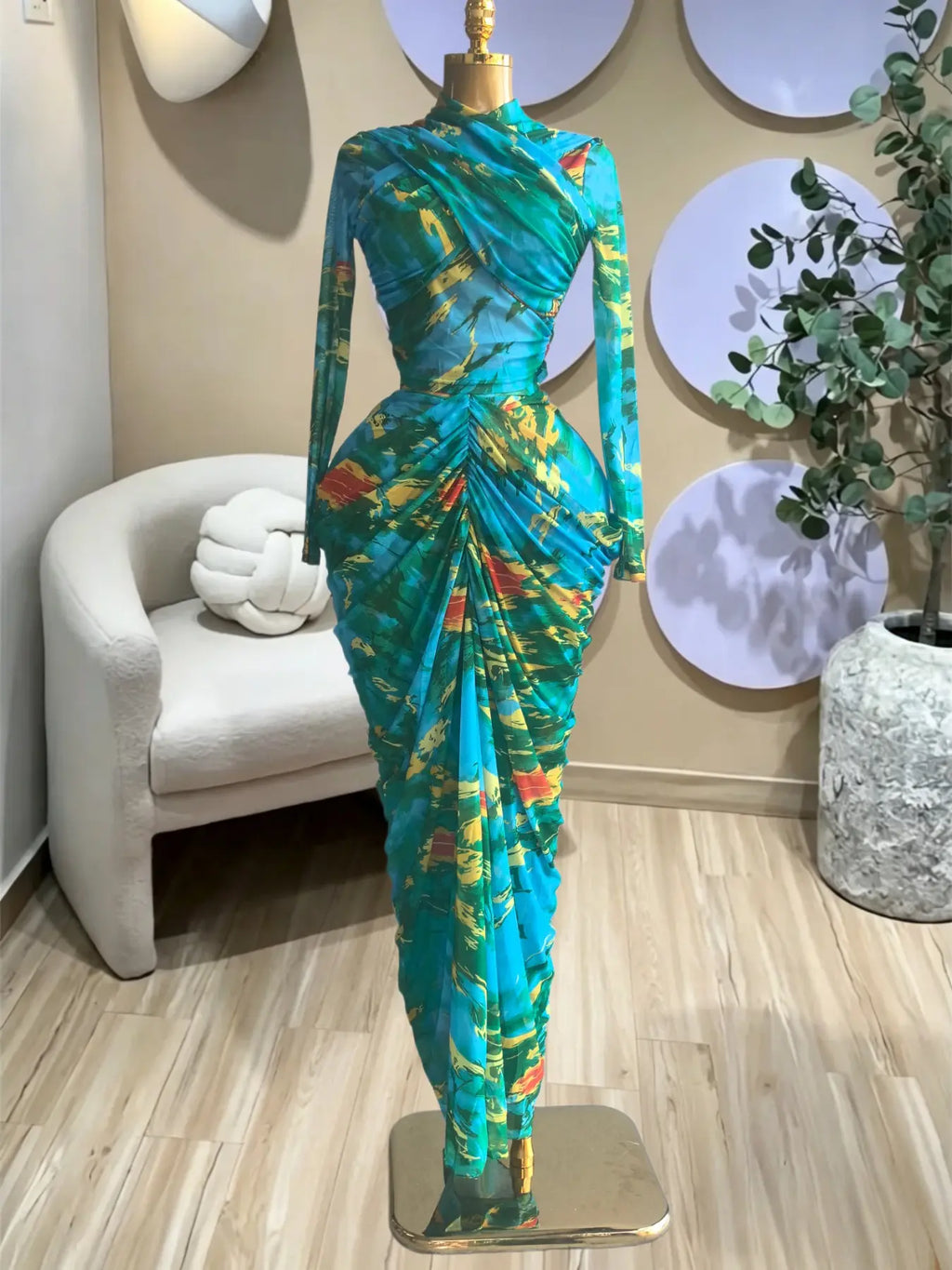 Women's Tie Dye Printed Two Piece Set Outfits, Wrap Long Sleeve Crop Top + Ruched Maxi Skirt