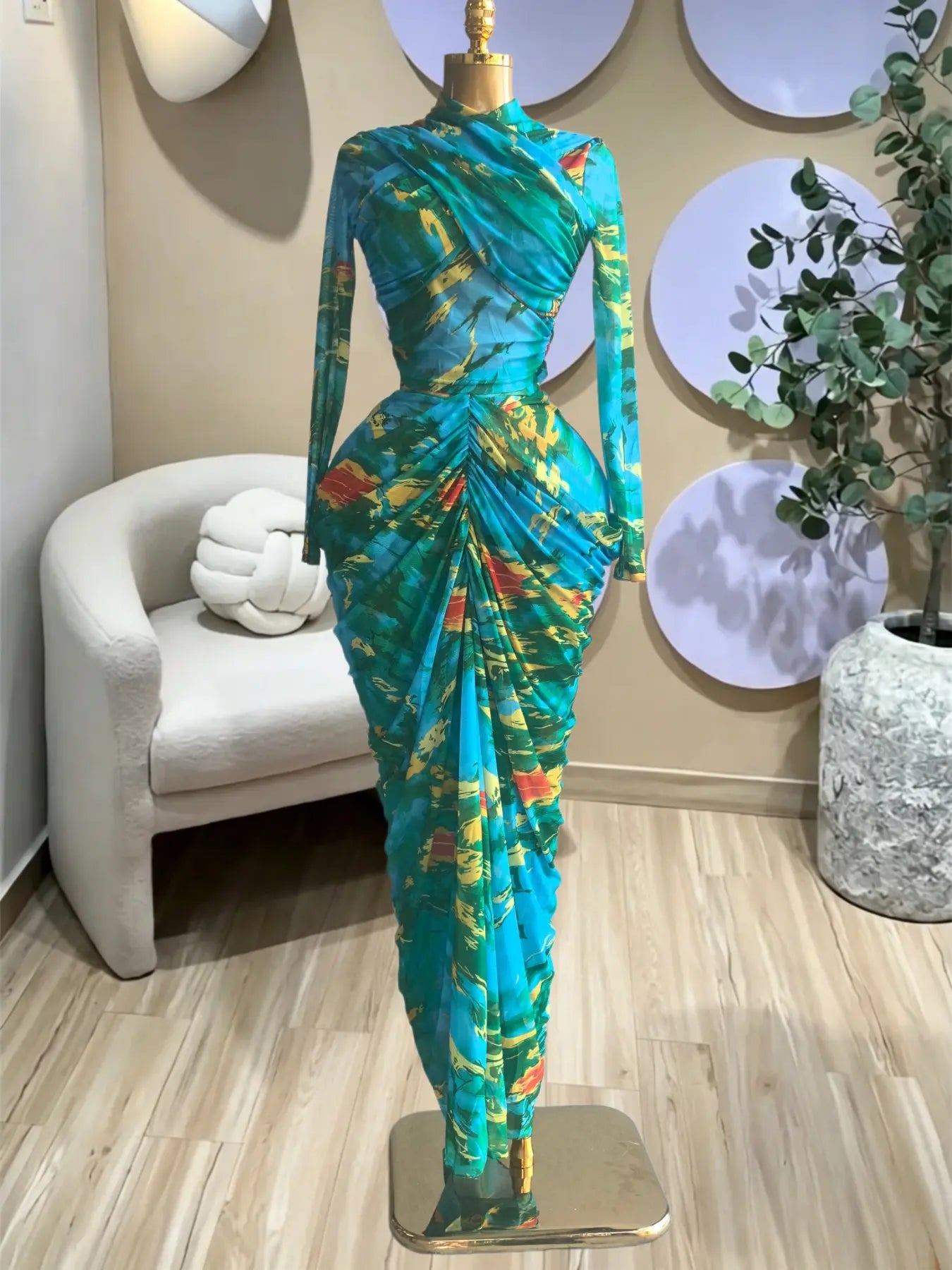 Women's Tie Dye Printed Two Piece Set Outfits, Wrap Long Sleeve Crop Top + Ruched Maxi Skirt