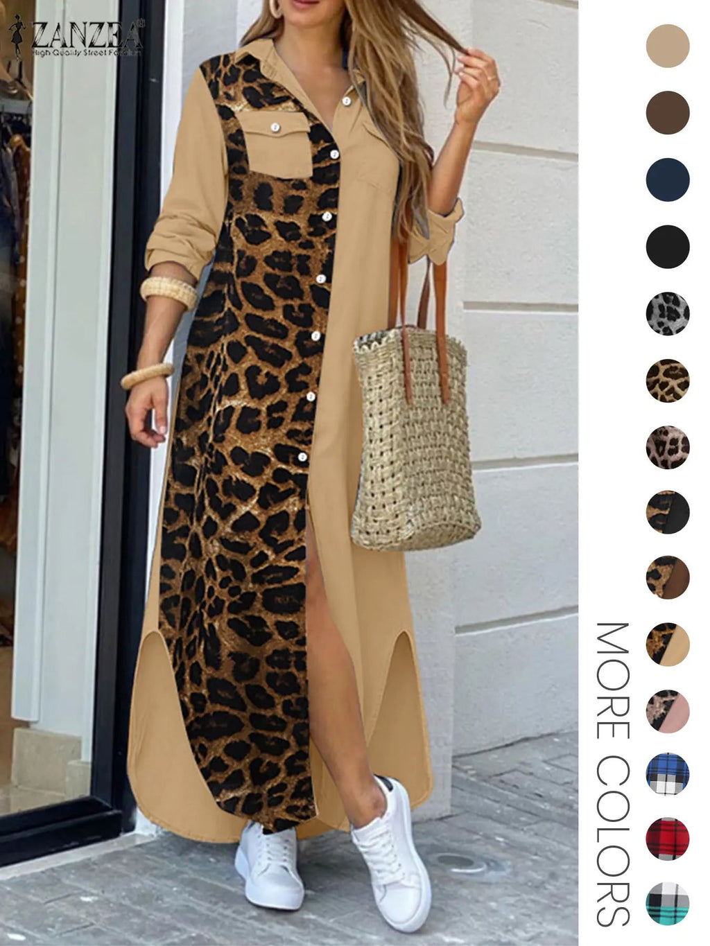 Women's Leopard Print Button Front Flap Pocket Shirt Fabric Dress, Casual Curved Hem Long Sleeve Collared Long Dress for Daily Wear, Ladies' Clothes for All Seasons, Womenswear