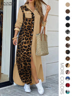 Women's Leopard Print Button Front Flap Pocket Shirt Fabric Dress, Casual Curved Hem Long Sleeve Collared Long Dress for Daily Wear, Ladies' Clothes for All Seasons, Womenswear