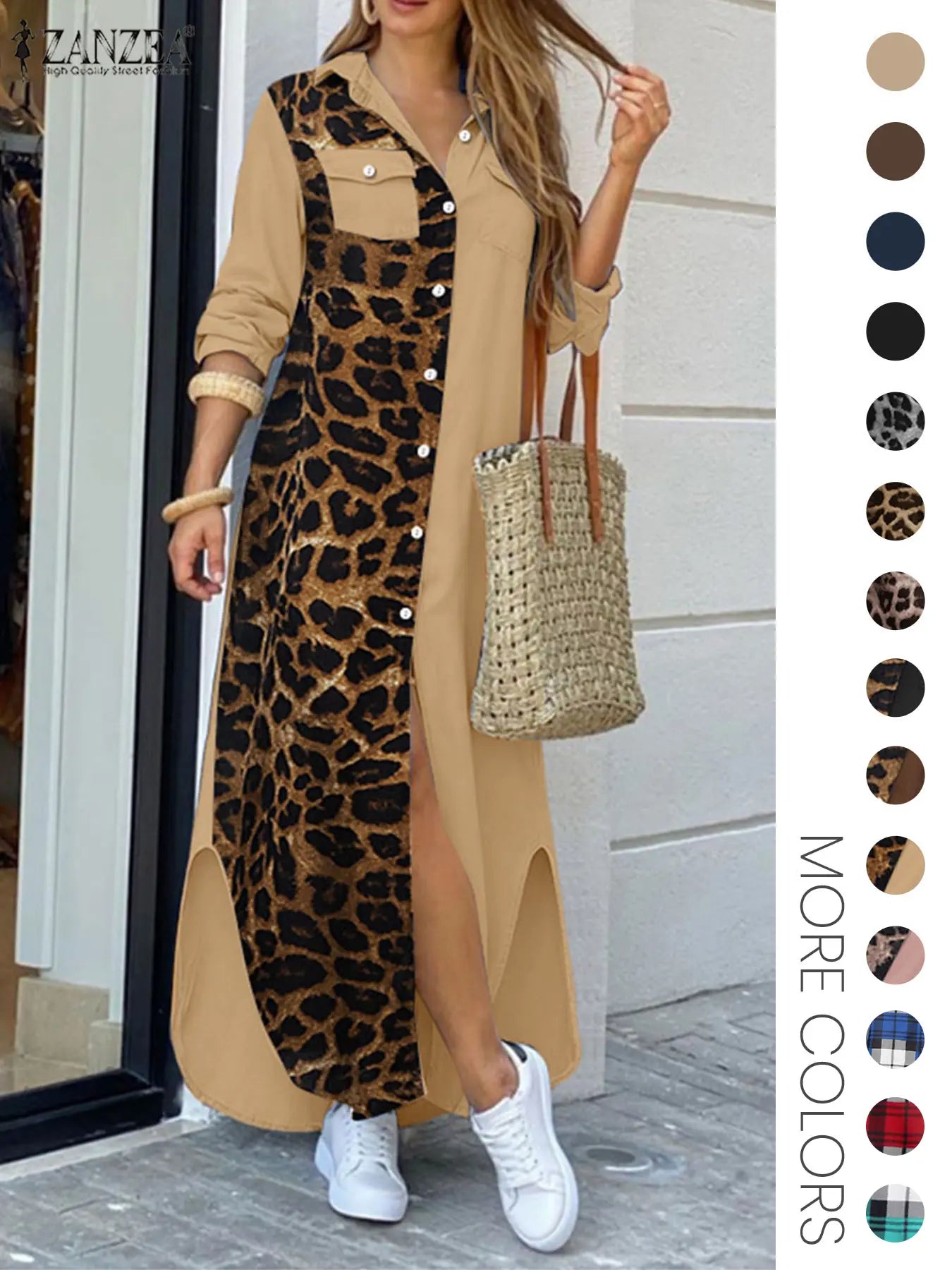 Women's Leopard Print Button Front Flap Pocket Shirt Fabric Dress, Casual Curved Hem Long Sleeve Collared Long Dress for Daily Wear, Ladies' Clothes for All Seasons, Womenswear