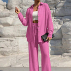 Women's Solid Button Front Shirt & Tie Front Wide Leg Pants Two-piece Set, Casual Drop Shoulder Long Sleeve Blouse Top & Trousers 2 Piece Set for Spring & Fall, Women's Clothes for Daily Wear Womenswear Suits Apricot Basic Minimalist