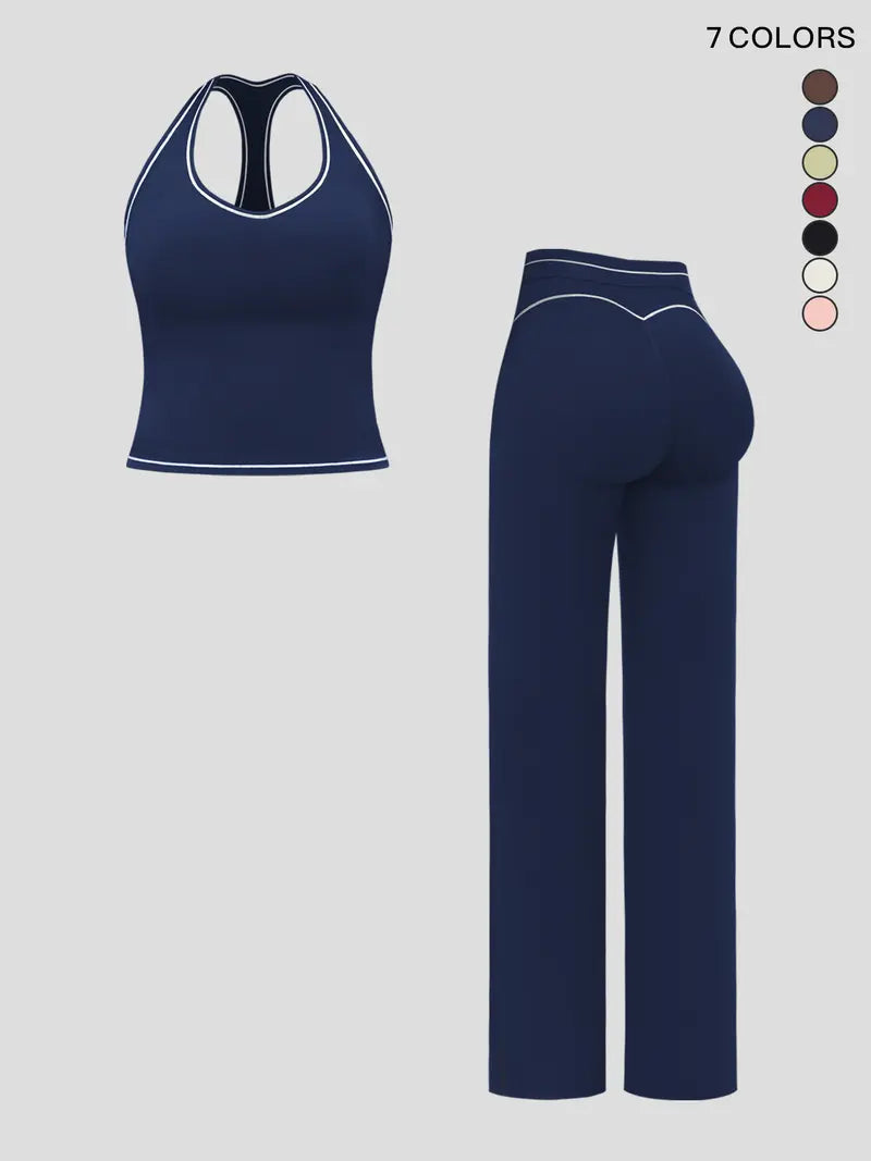 Women's yoga set with double straps, luxury activewear for running and exercise, colorblock fleece fabric.