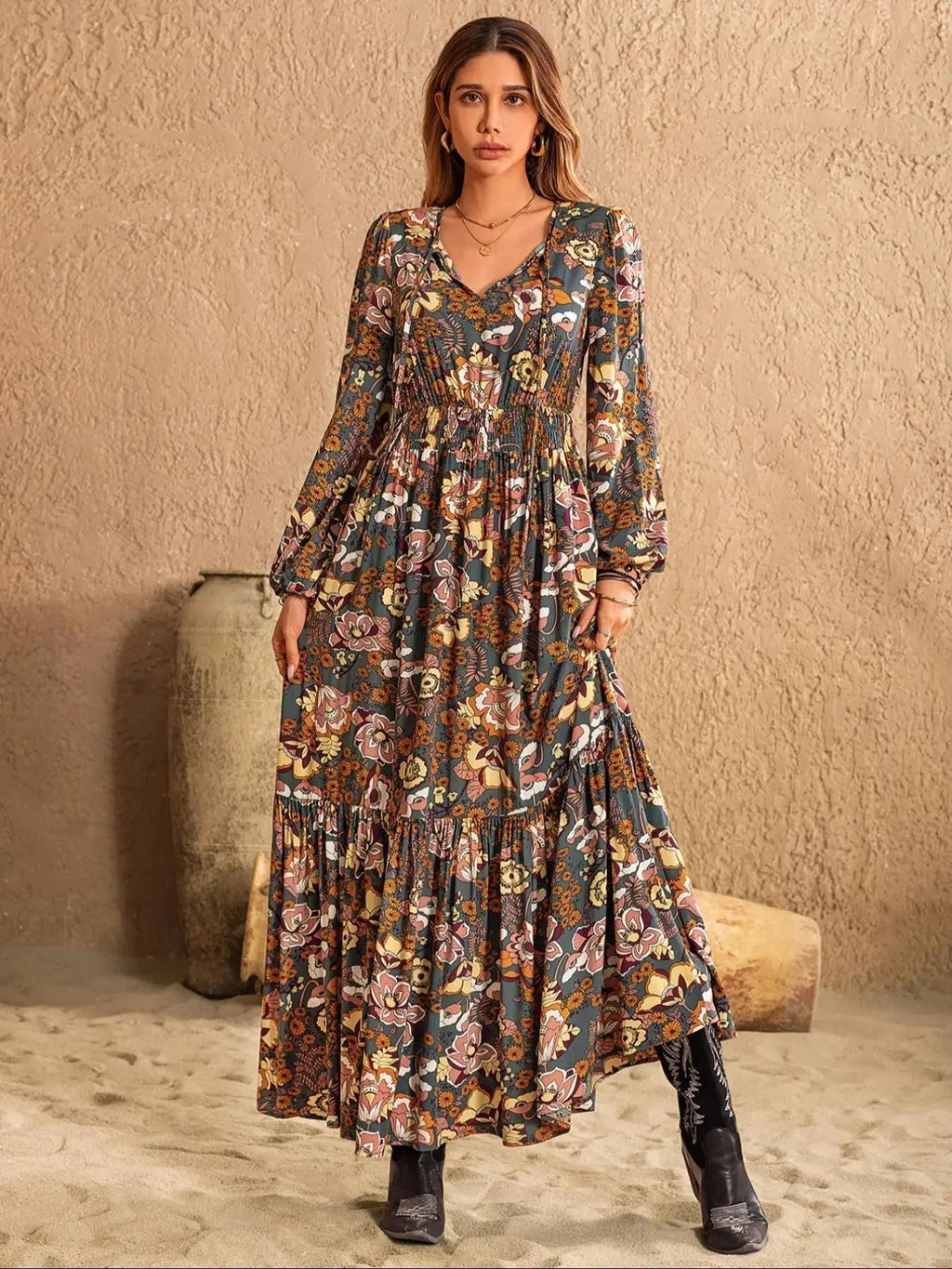 Women's Boho Floral Print Lantern Sleeve Dress, Fitted Waist Tie Design, Loose Fit Comfortable Casual Long Sleeve Dress for Fall Winter