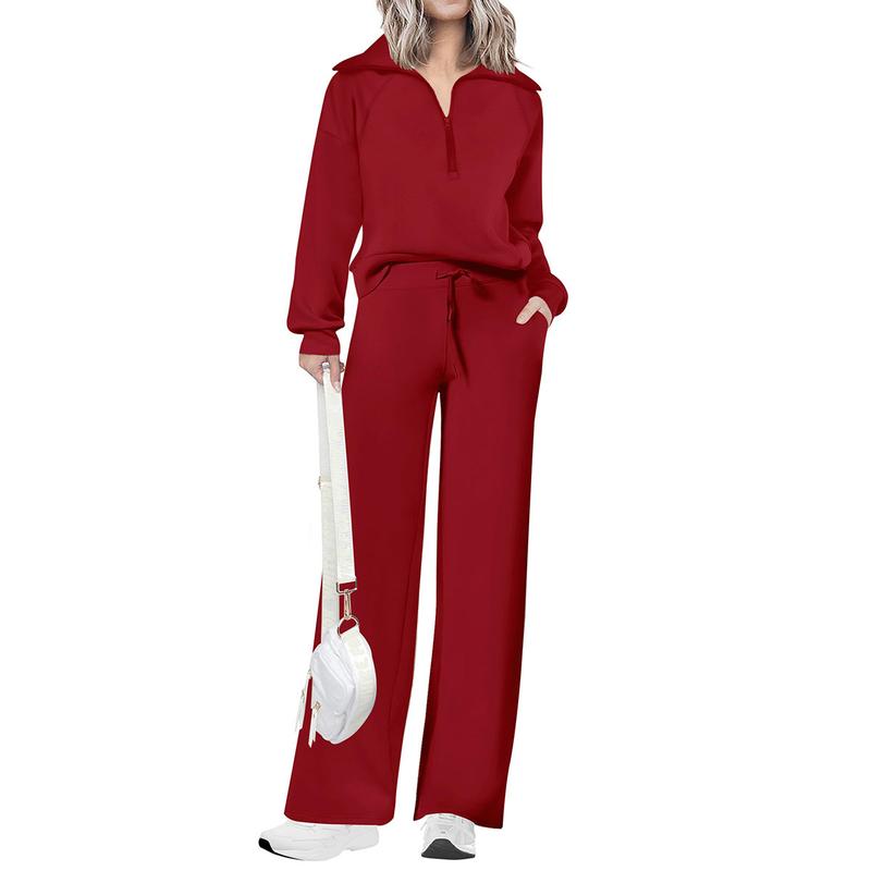 Women's Casual 2-Piece Sweatsuit Set - Half Zip Pullover Sweatshirt & Wide Leg Pants with Drawstring - Matching Tops & Sweatpants for Comfort