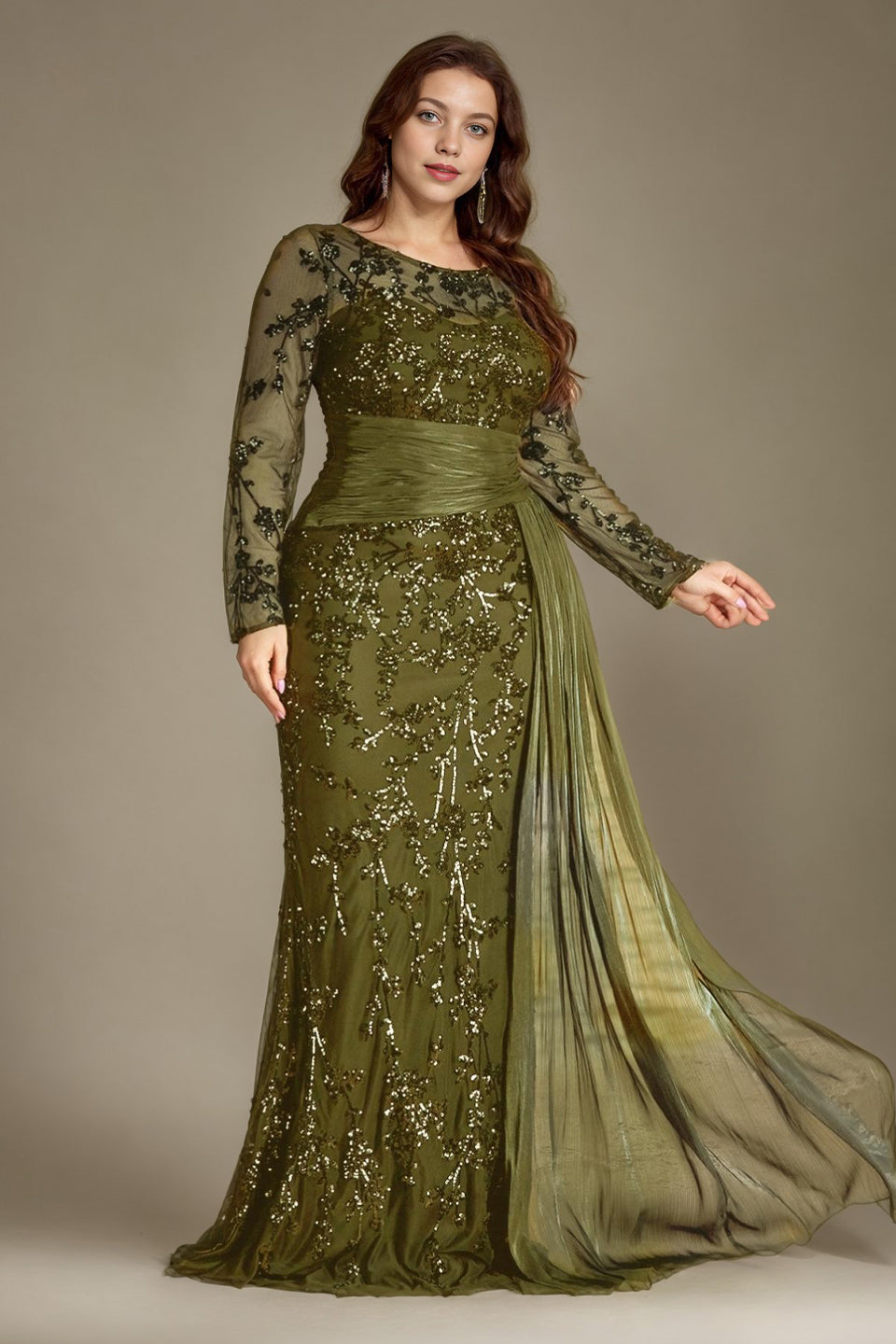 Curveins Plus Size Round Neck Embroidered Tie-Sash Bodycon Maxi Dress