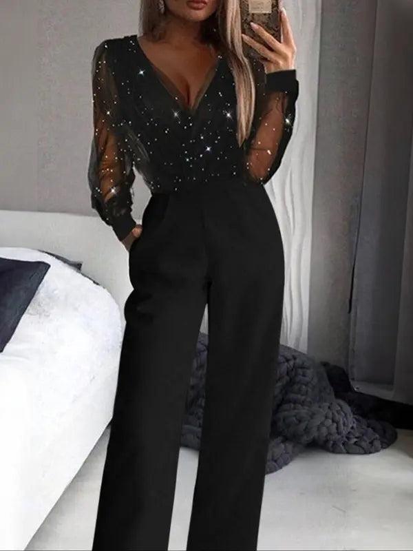 Women's fashionable and sexy black mesh sequin patchwork deep V-neck long-sleeved one-piece slimming wide-leg trousers, suitable for spring and autumn
