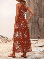 Women's Floral Print Split Thigh Halter Dress, Tie Back Design, Bohemian Boho Summer Long Sleeveless Fitted Dress, Elegant Printed Series