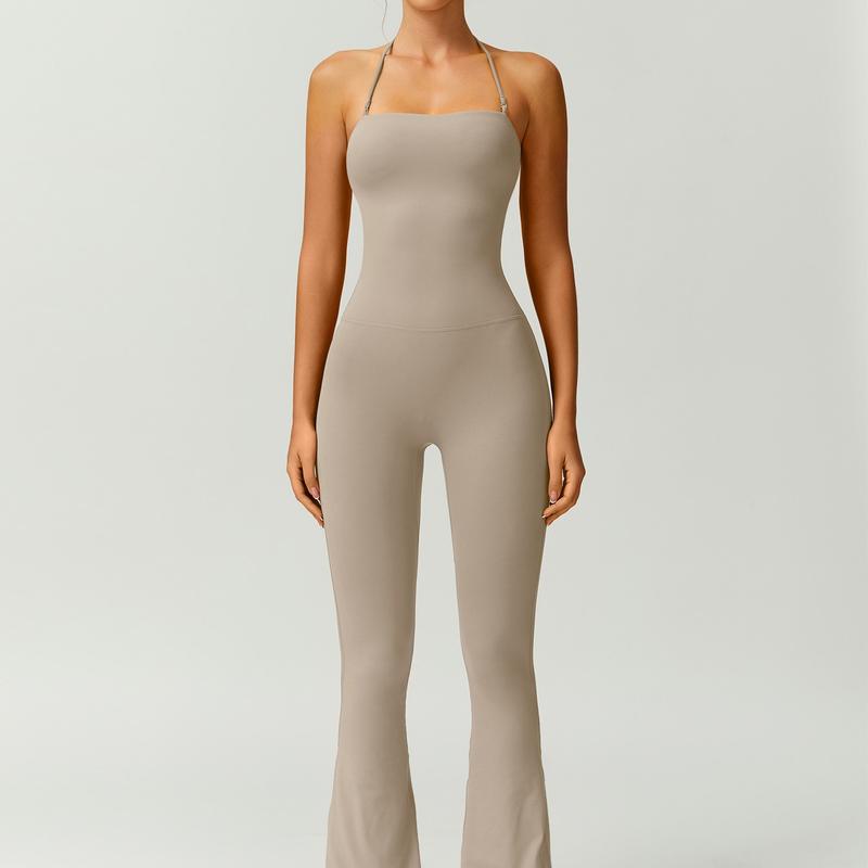 Women's Halter Neck Bodycon Flared Leg Jumpsuit – Stylish & Comfortable for Fitness & Fashion,Stylish & Comfortable Athleisure Outfit, Butt Lifting, High Waist Workout Gym Clothing Stretchable Activewear,jumpsuit women
