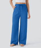 Casual High-Waisted Linen Trousers with Drawstring and Wide Pockets