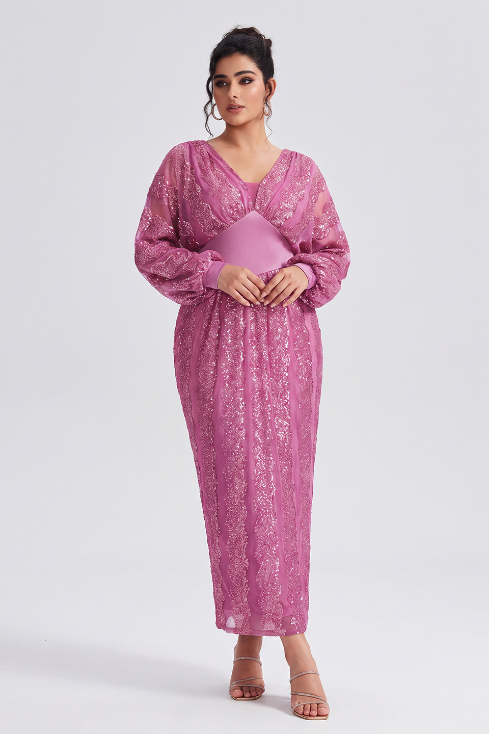 Curveins Plus Size V-Neck Sequin Balloon Sleeve Back-Slit Elegant Evening Maxi Dress