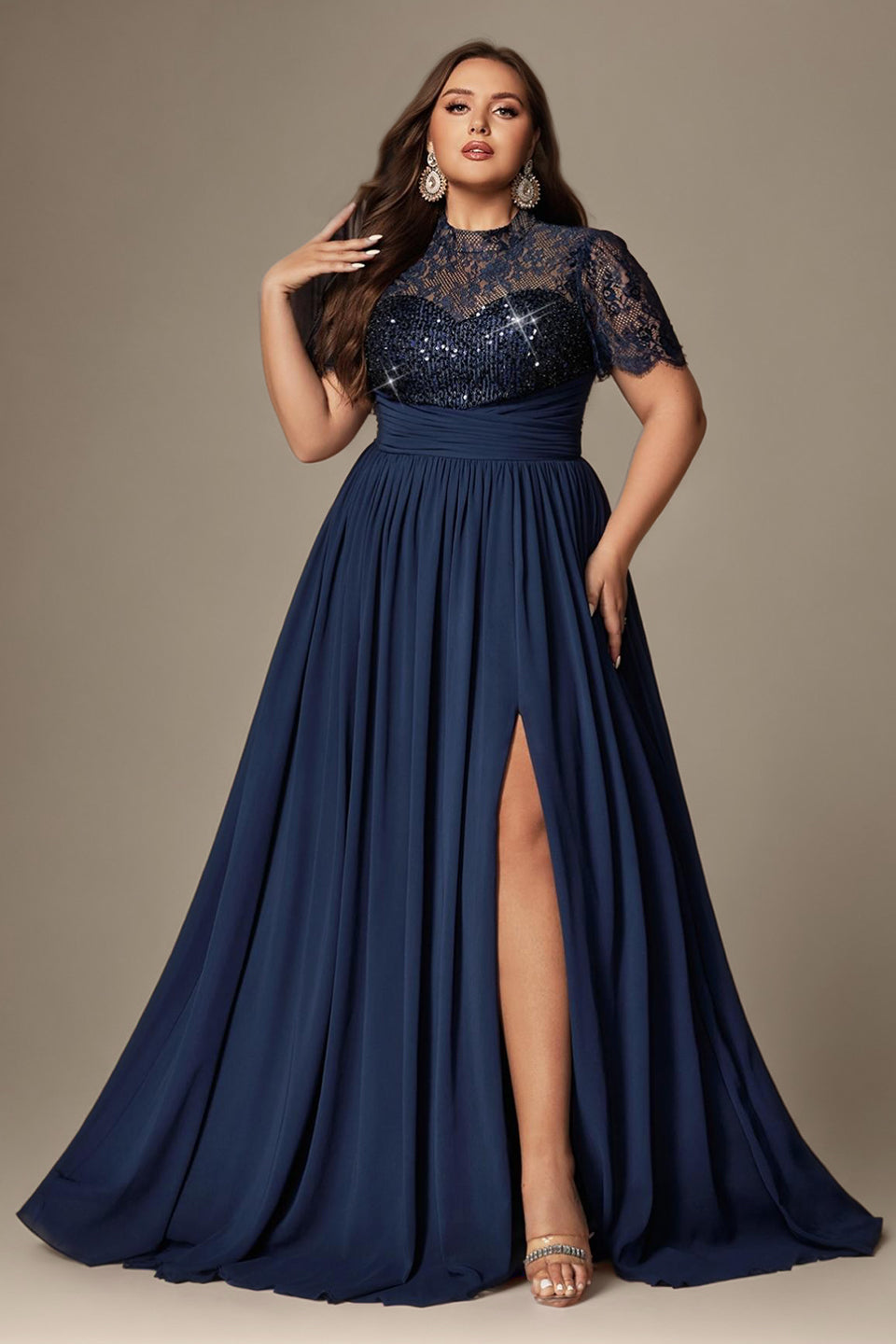 Curveins Plus Size Round Neck Embroidered Sequin-Detail Split Long Dress