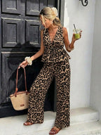 Women's Striped Two-Piece Set: Sleeveless Tie-Waist Top and Relaxed Long Pants — Vintage Bohemian Style, Commuter Outfit