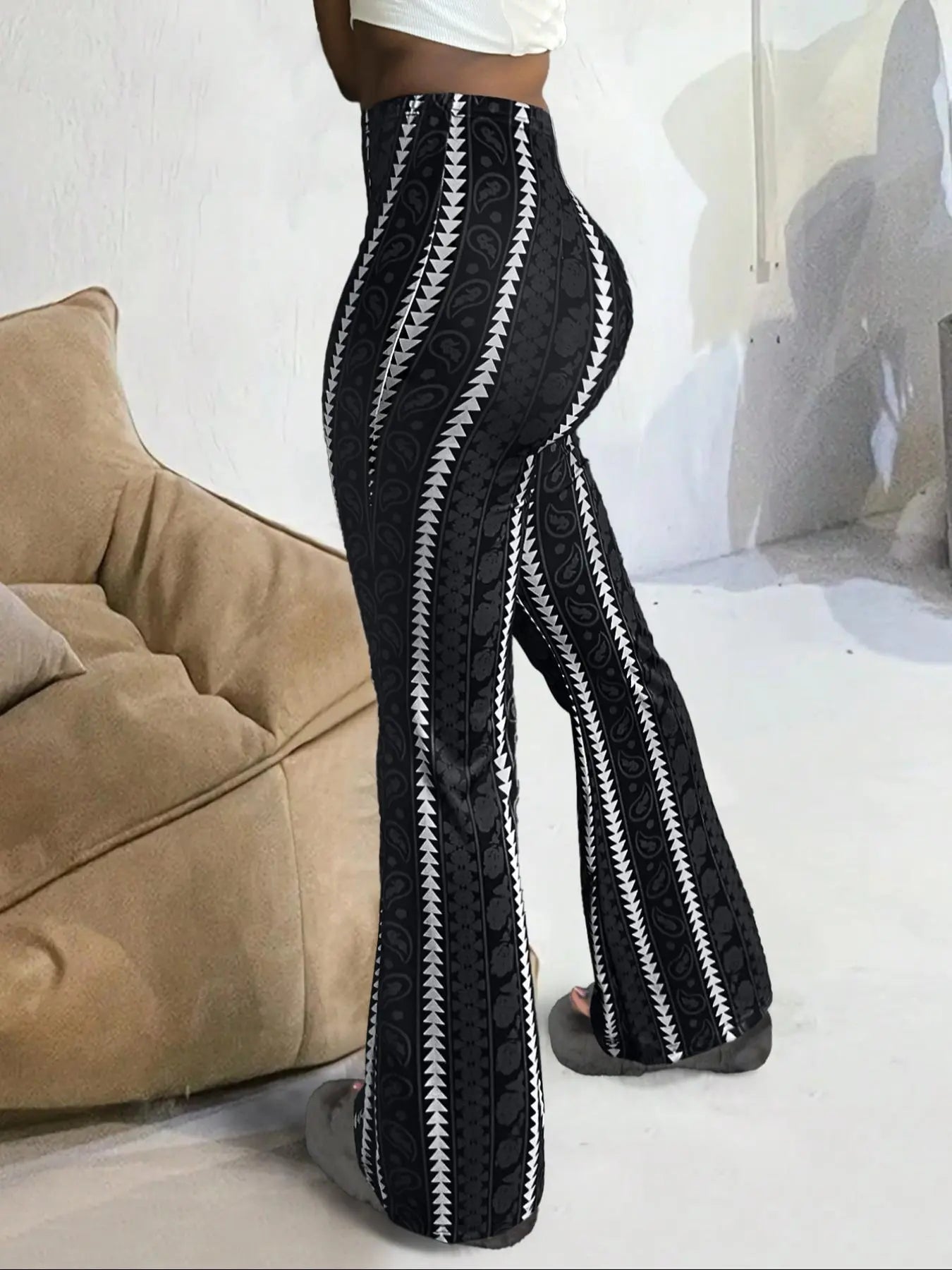 Women's Geometric Print Flared-Leg Knit Fitted Pants, Summer Casual Comfy Chic Trousers for Daily Wear, Ladies Bottoms for All Seasons