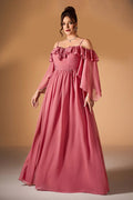 Curveins Plus Size Off-Shoulder Long Sleeve Solid Color Waist-Defined Maxi Dress