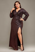 Curveins Plus Size V-Neck Long Sleeve Sequin Maxi Dress with Side Slit