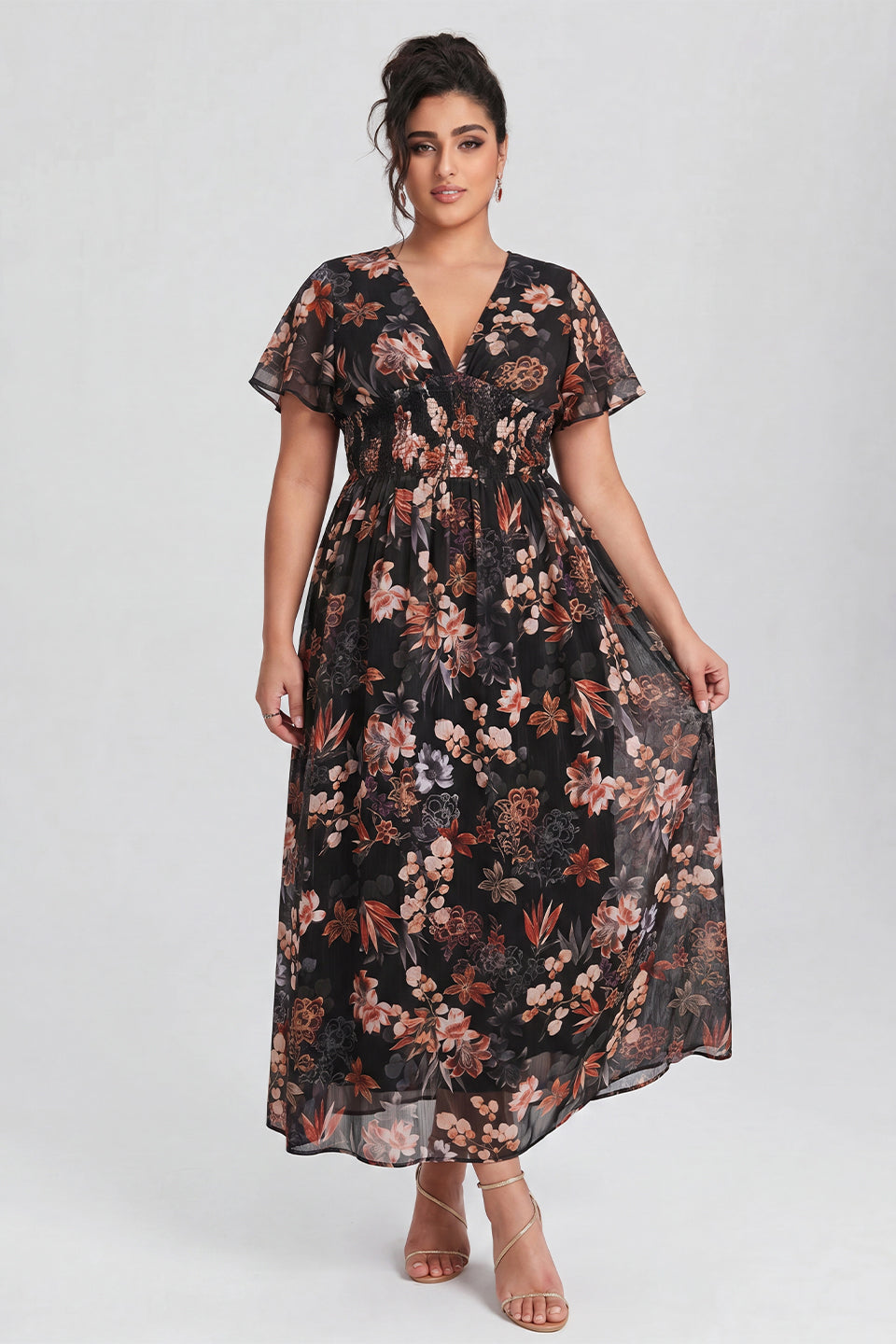 Curveins Plus Size V Neck Batwing Sleeve Floral Print Flowing Maxi Dress
