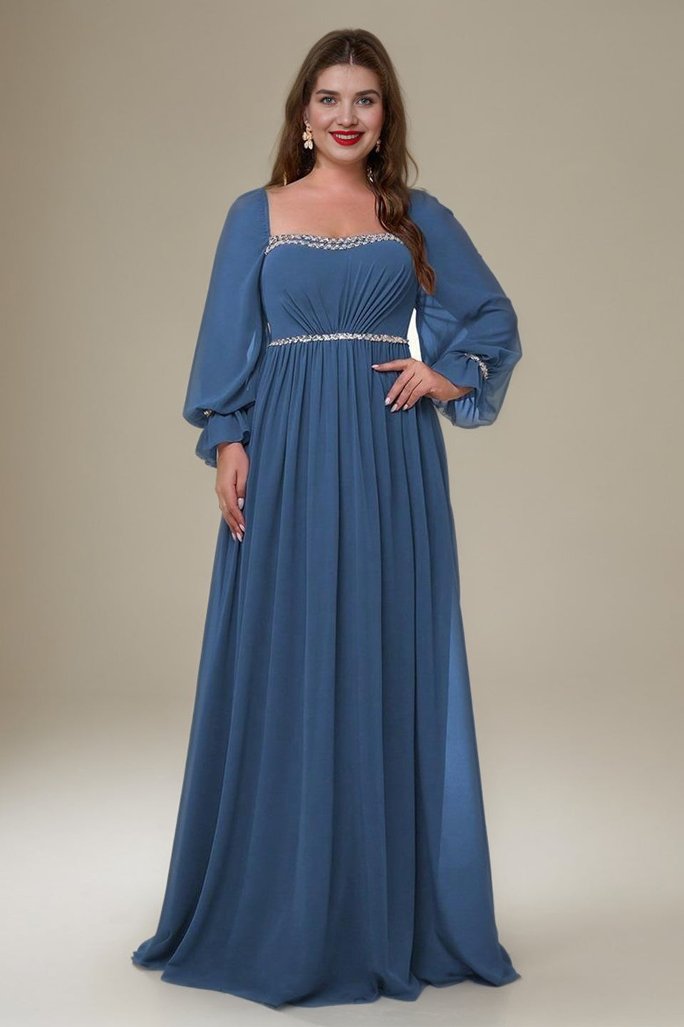 Curveins Plus Size Square Neck Long Sleeve Maxi Dress with Ruched Waist