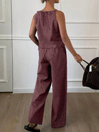 Two-Piece Women's Casual Summer Striped Lightweight Spaghetti Strap Sleeveless Top & Loose Long Pants Outfit Set, Comfortable Stylish Set