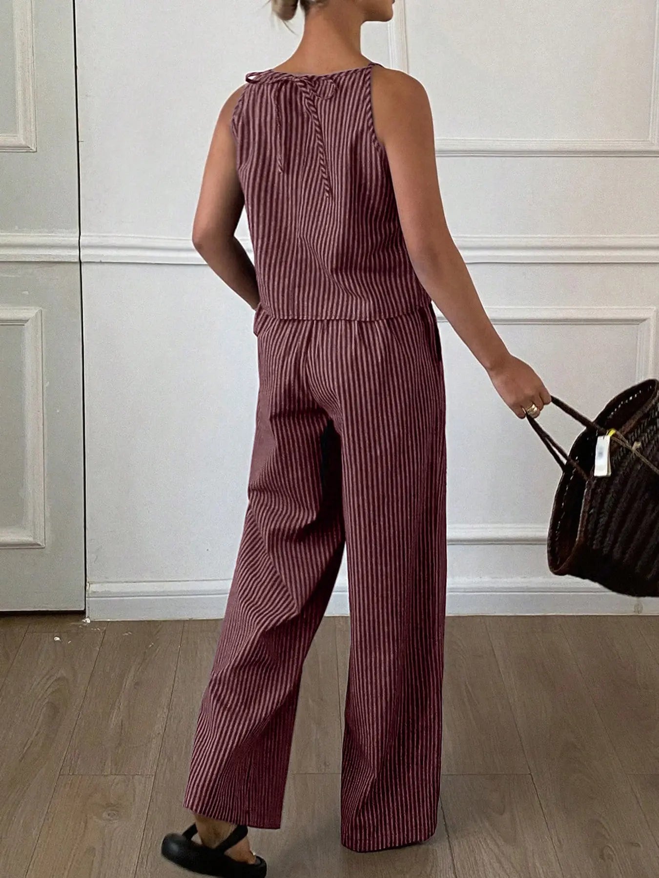 Two-Piece Women's Casual Summer Striped Lightweight Spaghetti Strap Sleeveless Top & Loose Long Pants Outfit Set, Comfortable Stylish Set
