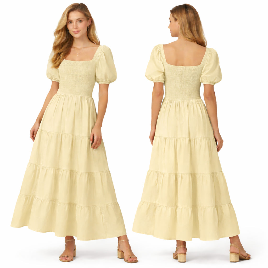 Robe longue femme smockée manches bouffantes coupe fluide à volants style élégant été