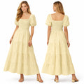 Robe longue femme smockée manches bouffantes coupe fluide à volants style élégant été
