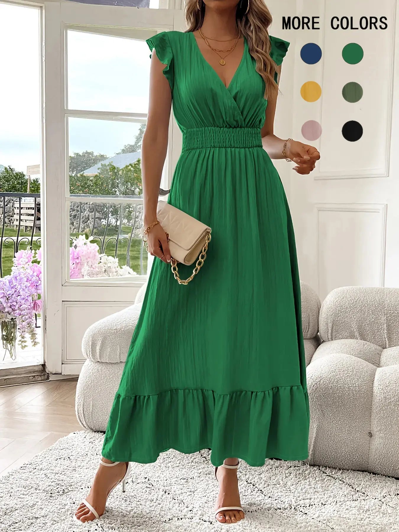 Women's Plain Shirred V Neck Fitted Dress, Elegant Chic Fashion Casual Long Dress for Daily Outdoor Wear, Women's Dress for Summer