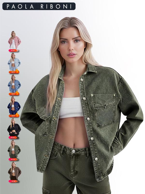 Women's Plain Button Front Drop Shoulder Curved Hem Denim Jacket, Casual Long Sleeve Pocket Design Collar Outerwear for Daily Wear, Ladies Clothes for All Seasons