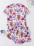 Women's Floral & Cow Print Top & Shorts Pajama Two-piece Set, Casual Comfy Short Sleeve Top & Shorts Pajama Set